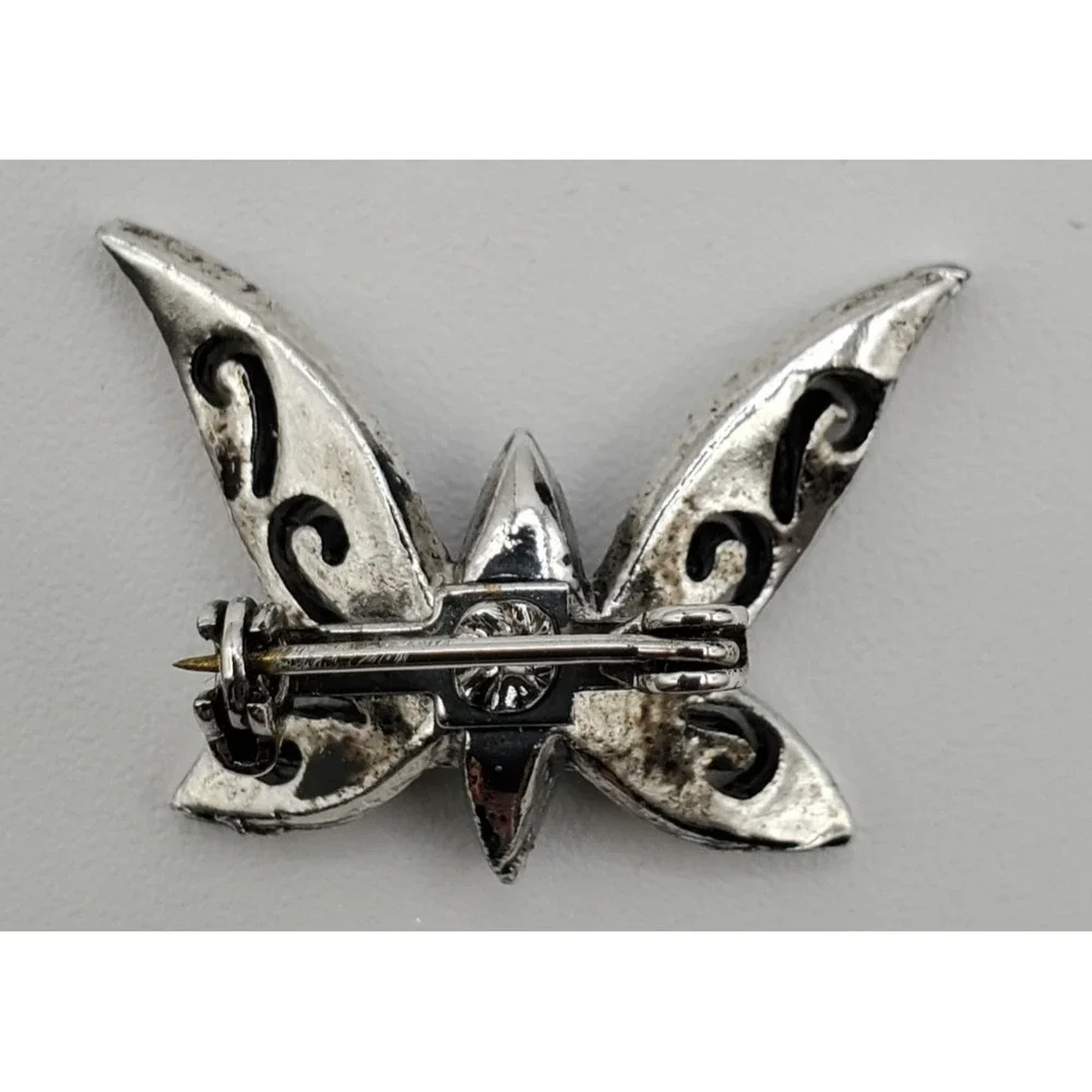 Vtg Filegree Butterfly Brooch Silver-Tone Black Rhinestone Pin